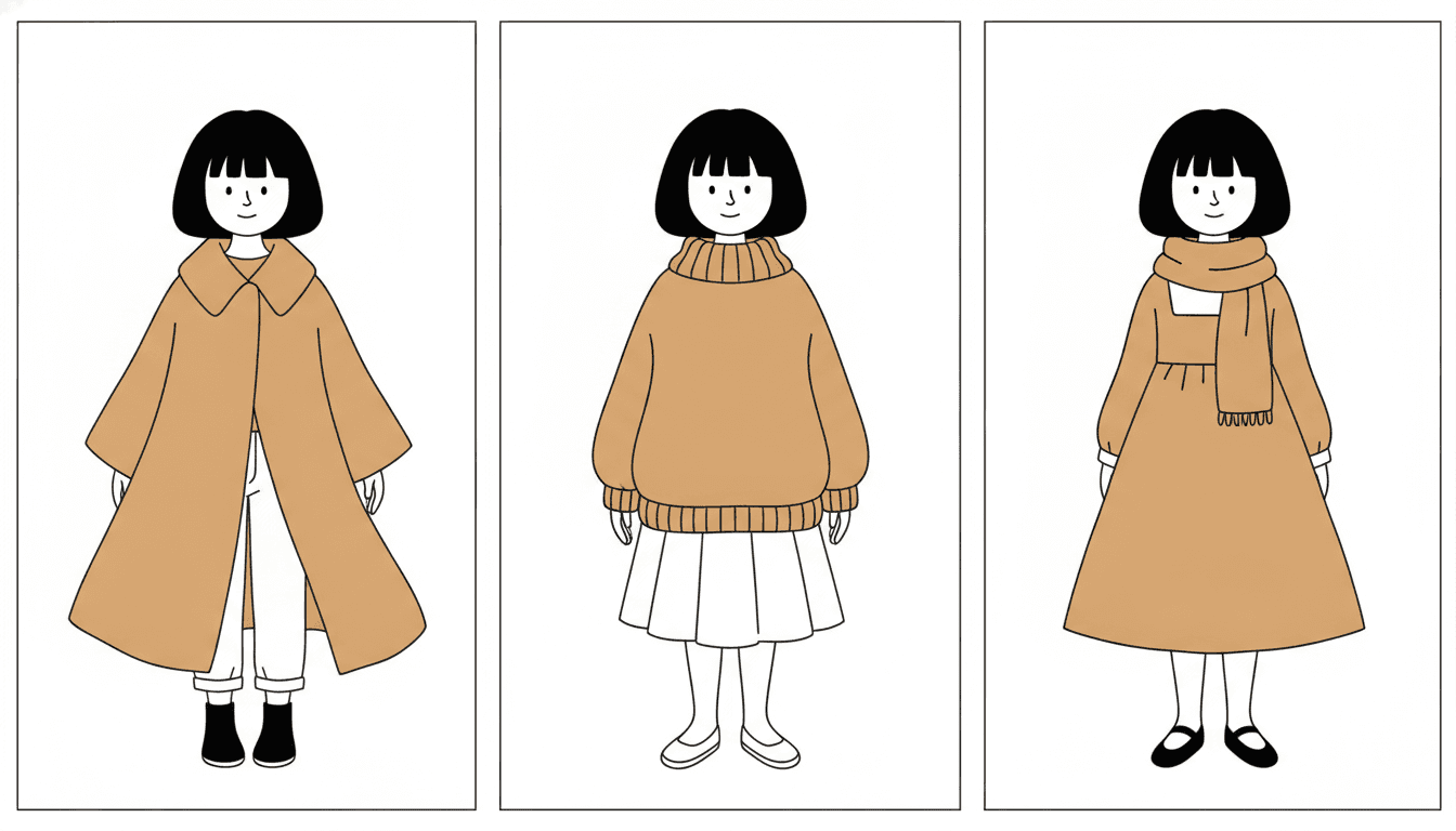 Three upright panels side by side, the same girl in each, identical every time: the same flat black bob with a straight fringe, the same white face with two dot eyes and a small smile, the same stance and the same hands. Only the clothes change. In the first she wears a long camel coat with a wide collar, open over white trousers, with black ankle boots. In the second an oversized camel rollneck jumper with ribbed collar and cuffs over a white pleated skirt and white plimsolls. In the third a camel dress with a white square collar, a long camel scarf down the front, white socks and black flat shoes. Every panel is drawn in the same thin black line with no shading and no shadow