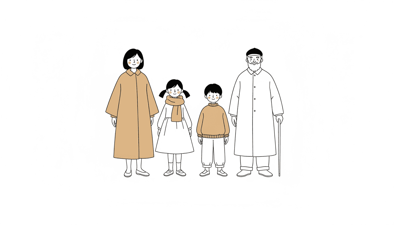 Four figures standing in a row on an empty white ground, drawn in one thin black line with no shadow under anyone. From the left: a woman in a long camel coat with a white collar and white shoes; a girl with two short pigtails in a white dress and a thick camel scarf; a boy in an oversized camel ribbed jumper and white trousers; and a grandfather in a long white buttoned coat with a camel-brown walking stick, a flat black cap and a drawn beard. Each face is left white with two dot eyes, a small smile and two small round tan cheeks, and the four are told apart by the shape and the colour of what they are wearing rather than by their faces