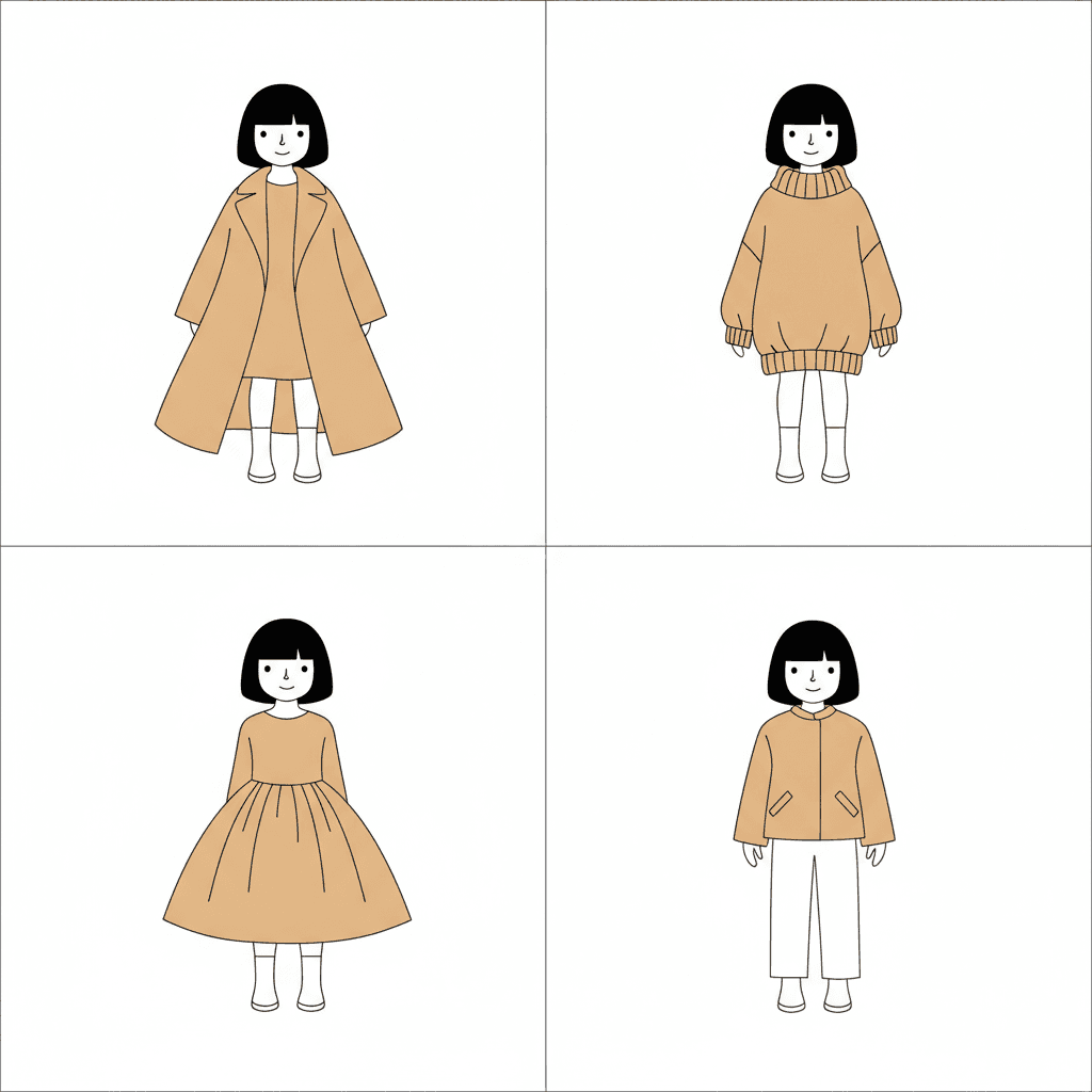 A two-by-two grid of four white squares divided by thin black lines, the very same girl standing in each one: the same flat black bob with a straight fringe, the same white face with two dot eyes, a tiny nose line and a small smile, the same stance, the same white legs and white shoes. Nothing about her changes between the four. Only the garment changes, each one filled flat in camel tan. Top left, a long coat falling open in a wide swing from a broad lapel. Top right, an oversized rollneck jumper with thick ribbed collar, cuffs and hem. Bottom left, a dress gathered into a full bell skirt. Bottom right, a short boxy jacket with two slash pockets, worn over white trousers