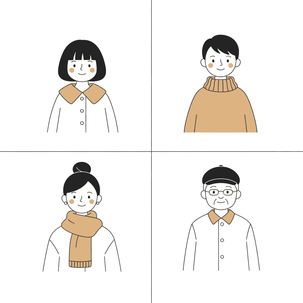 A two-by-two grid of four white squares divided by thin black lines, each holding one character from the chest up, drawn in the same thin even line. A girl with a flat black bob in a white coat with a wide camel collar and three small buttons. A boy with short black hair in a camel rollneck jumper with a thick ribbed collar. A woman with her black hair in a high bun and small earrings, in a white jacket under a thick camel scarf with a ribbed end. A grandfather in a flat black cap and round glasses, with fine drawn lines on his face, in a white shirt with a camel collar. All four have small round tan cheeks and a small smile, and each is recognisable by hair shape and garment rather than by any detail in the face