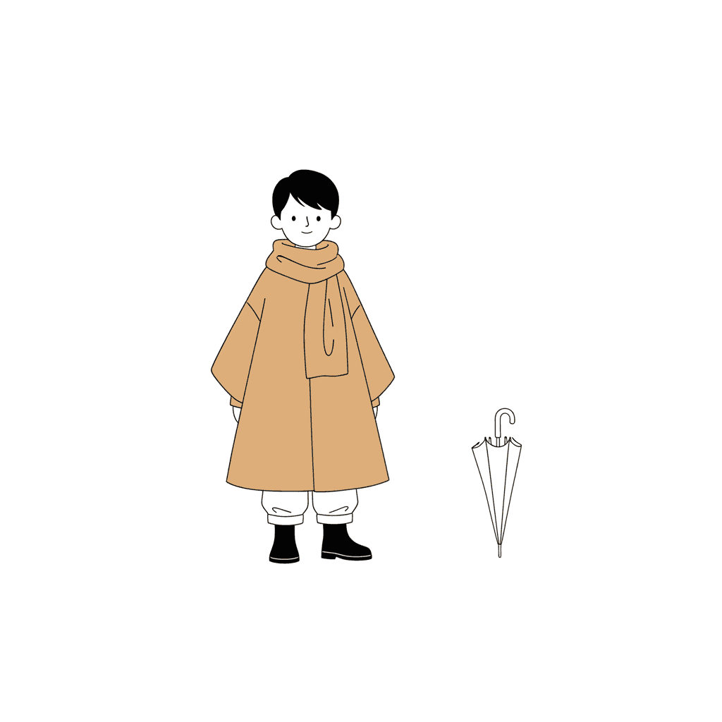 A square picture that is almost entirely empty white. A boy of about nine stands left of centre in a camel coat that falls in a wide swinging shape to his knees, a thick camel scarf wound once around his neck with one end hanging, white trousers and black boots. His hair is one flat black shape and his face is left white with two dot eyes, a tiny nose line and a small smile. To the right, alone in the empty white, a closed umbrella is drawn in pure black outline with no fill, its ribs and curved handle described by line alone. There is no ground, no horizon, no background and no shadow anywhere