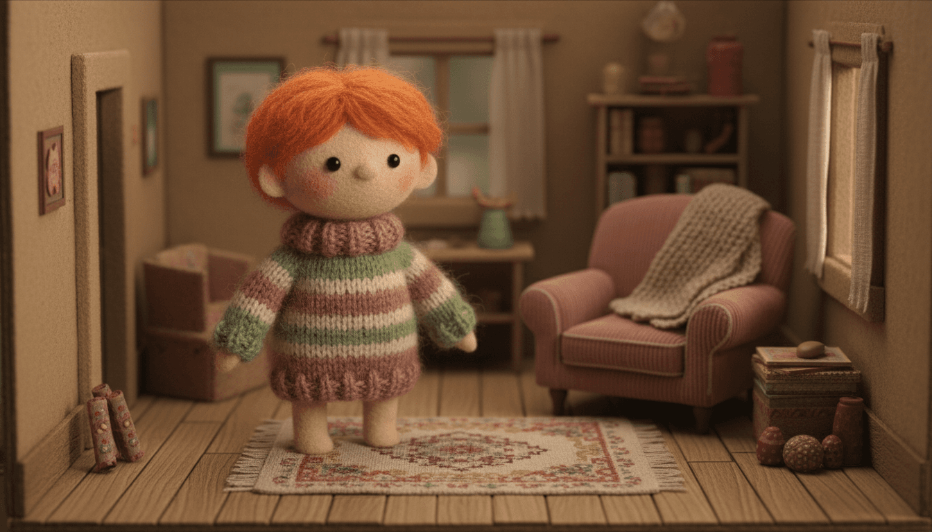 Handmade felt and knitted puppet child with yarn hair, button eyes and a hand-knitted sweater standing in a cosy miniature stitched room, in dusty pink, sage green and cream wool under warm tabletop light