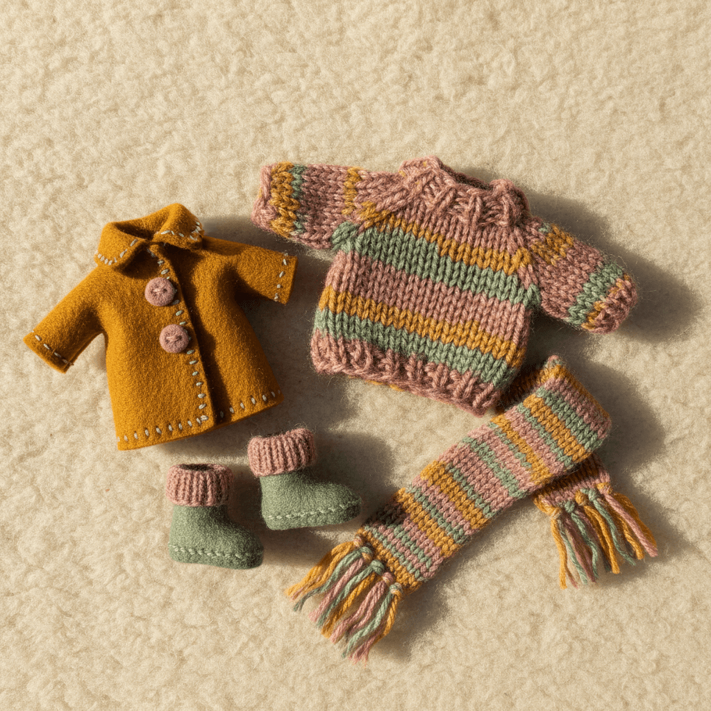 Square flat-lay of miniature puppet clothing — a chunky hand-knitted sweater, a felt coat with stitched buttons, felt boots and a knitted scarf in dusty pink, sage and mustard