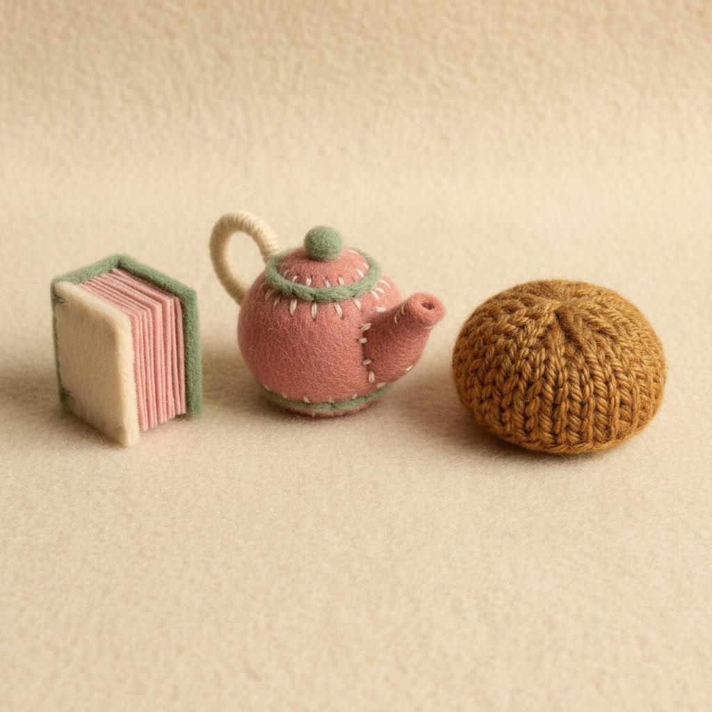 Square photograph of three hand-sized felt and knitted props — a stitched felt teapot, a round knitted loaf and a tiny felt book with hand-sewn pages — on cream wool