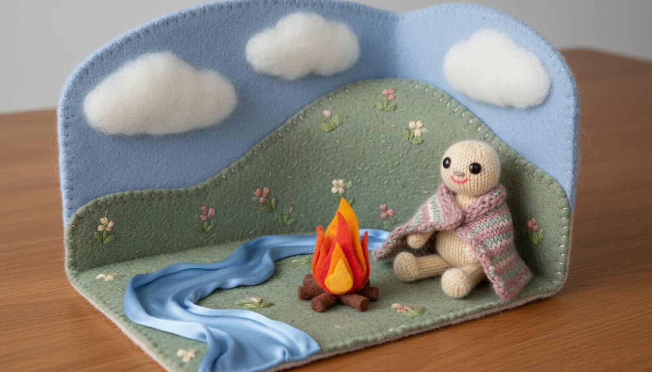 A handmade felt miniature set in which the river is a blue satin ribbon, the campfire is cut felt flames and the clouds are carded wool, with a knitted puppet character sitting beside the fabric fire