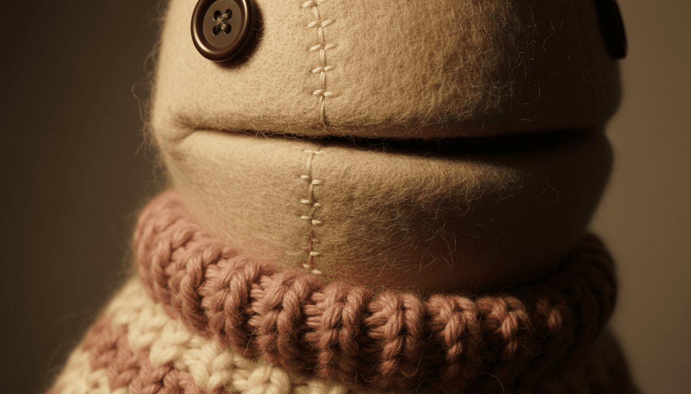 Extreme close-up of a felt puppet face where individual wool fibres, a hand-sewn seam down the cheek and a stitched button eye catch warm lamp light, with no drawn outline anywhere