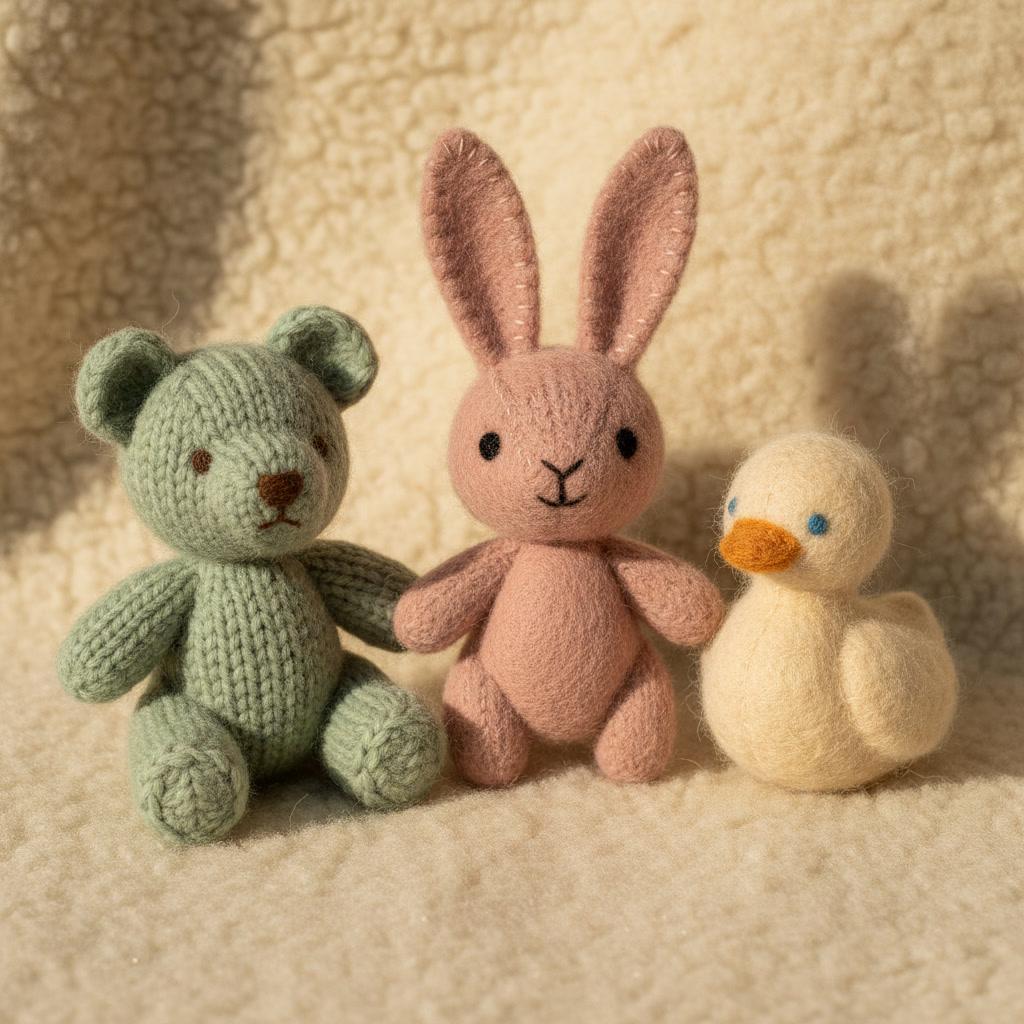 Square photograph of three handmade miniature animals — a stitched felt rabbit, a chunky knitted bear and a small felt duck with embroidered eyes — on a cream wool surface
