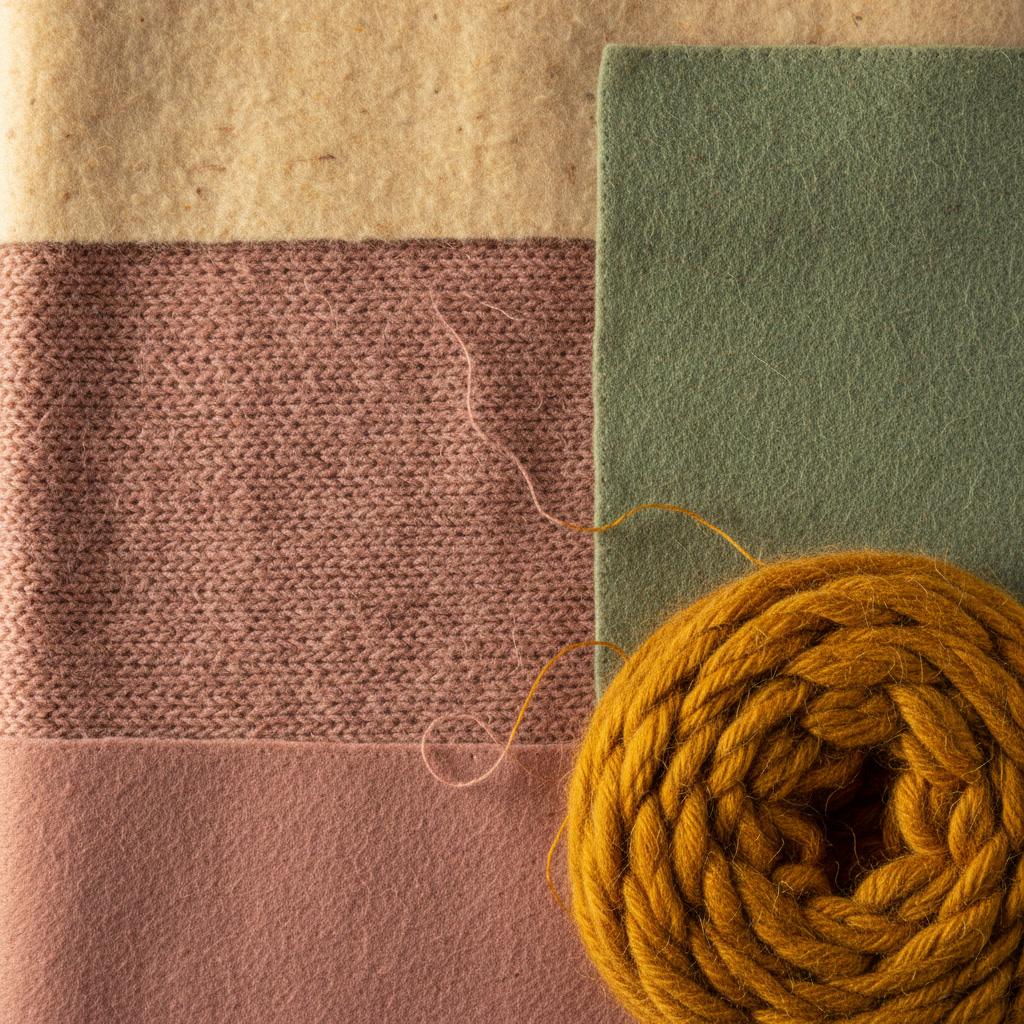 Square image filled edge to edge with real craft materials — dusty pink and sage wool felt, cream wool, a coil of mustard yarn and knitted fabric with loose thread ends