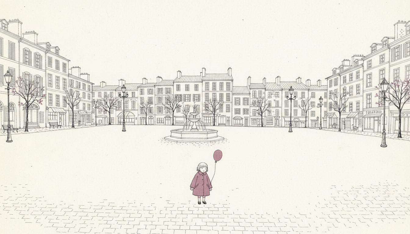 Fine line illustration of one small child alone in a vast cobbled town square, with a fountain, iron lamp posts, bare trees and tall shuttered facades drawn tiny and precisely around the edges, most of the page left as bare white paper and a single plum balloon as the only colour