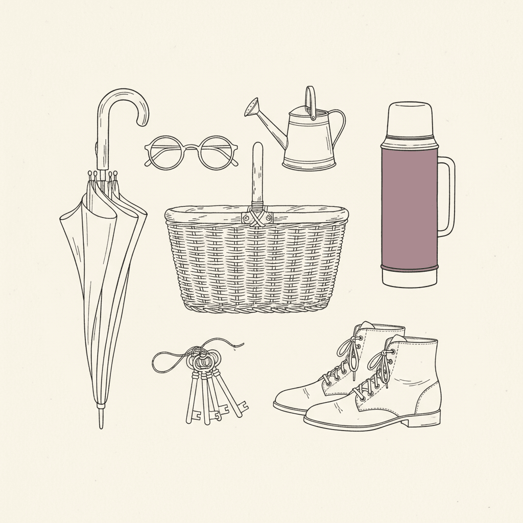 Square fine line flat-lay of a folded umbrella, spectacles, a watering can, a thermos, a wicker basket, keys and lace-up boots, each drawn purely in hairline contour with hollow white interiors and one object in muted plum