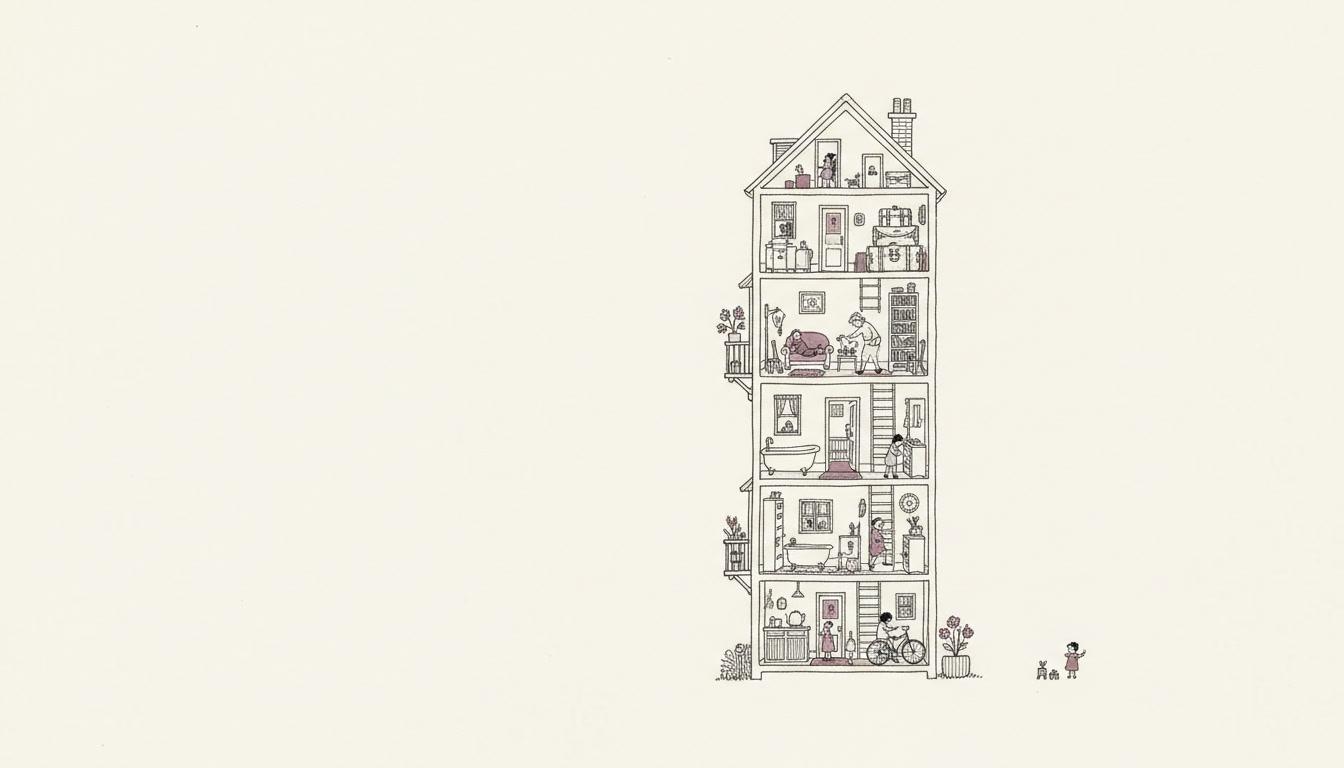 A fine line cutaway of an apartment building where every floor is furnished in minute hairline detail — a kettle, a bathtub, a bookcase, a bicycle in the hall — with no shading anywhere