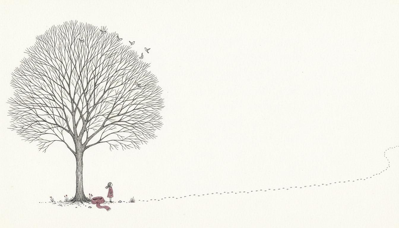 Fine line illustration of one tiny child at the foot of an enormous bare tree whose hundreds of fine twigs are each drawn as an individual hairline stroke against blank white sky, with a dropped scarf and a trail of footprints across empty paper