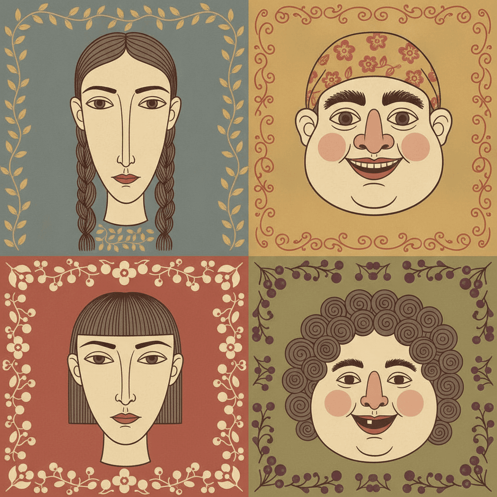 A square of four quarters on teal, mustard, brick red and olive grounds, each framed by its own leaf, scroll or berry border and holding one large folk decorative head built to a completely different shape — a long narrow face with a high forehead and two dark braids, a broad round face with heavy brows, pink cheeks and a wide grin under a red floral headscarf, a long oval face with a straight fringe and a level unsmiling mouth, and a round face with a snub nose and an open gap-toothed smile under a mass of spiralled curls