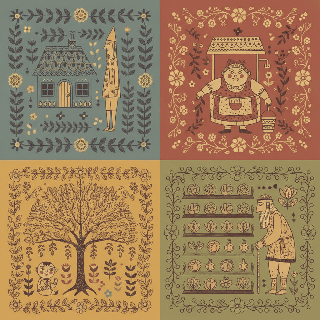 A square of four folk decorative vignettes, each led by one note of the muted vintage palette and each ringed by a leaf-and-flower border — on dusty teal a cottage with a scalloped patterned roof beside a very tall thin villager in a pointed hat, on brick red a covered well with a decorated roof beside a short round woman in a patterned apron holding a bucket, on mustard a broad leafy tree full of birds with a small large-headed child sitting among its roots, and on olive a garden laid out in orderly rows of cabbages and onions with a stooped bearded elder leaning on a stick