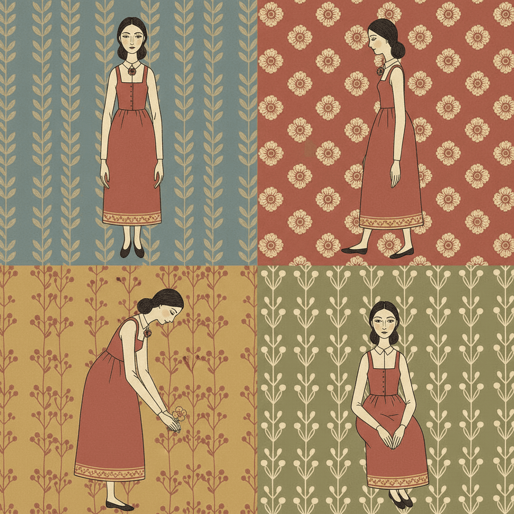 A square of four quarters on patterned teal, brick red, mustard and olive grounds showing the same folk decorative woman four times — standing square on, walking in profile, bending to pick a flower and sitting with her hands in her lap — with the identical long narrow face, dark centre-parted hair gathered in a low knot, brick red pinafore dress with an ochre patterned hem and one small flower brooch at her collar in all four