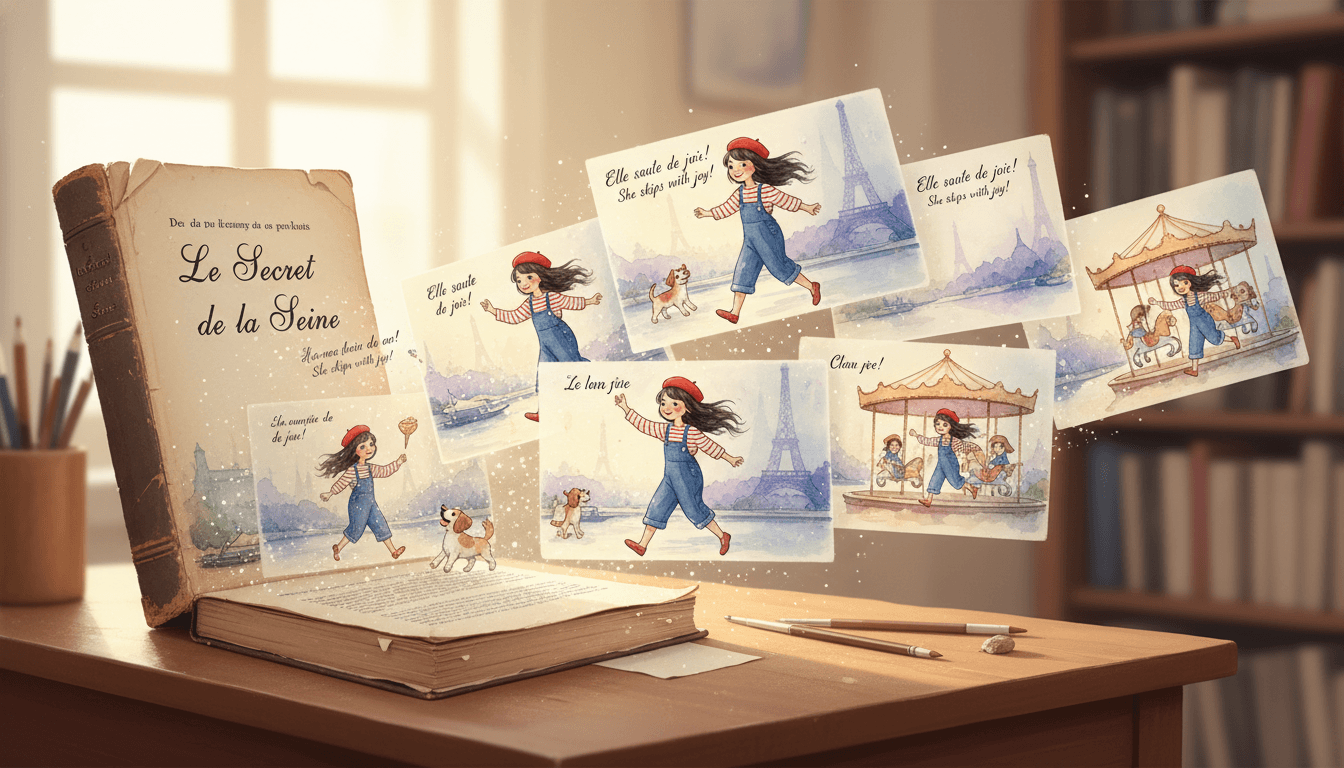 A French novel transforming into a beautifully illustrated bilingual picture book featuring a young French girl in a striped Breton shirt and red beret along the Seine with the Eiffel Tower in misty watercolor