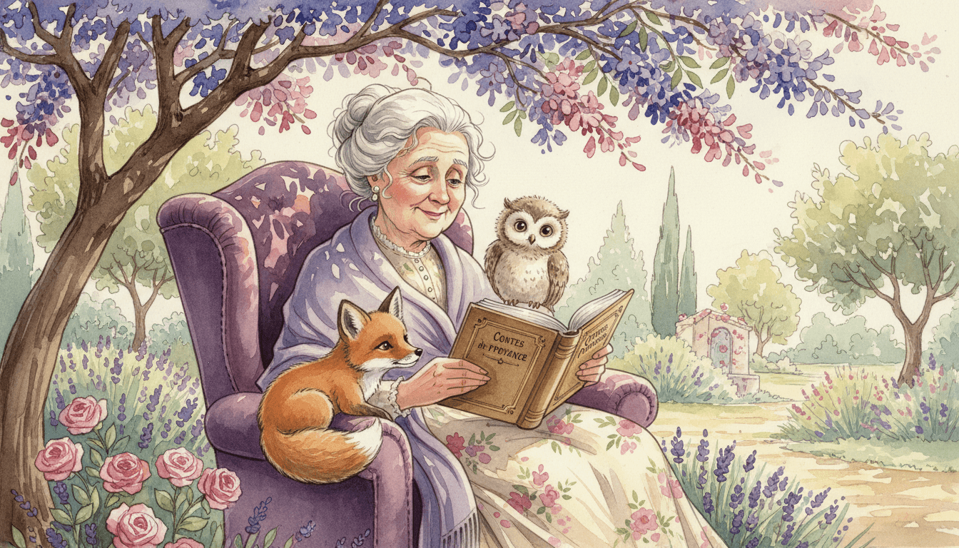 Children picture book illustration in classic French storybook style: a wise grandmother grand-mère with white hair and a soft lavender shawl reading aloud to a baby fox and a baby owl under a flowering jacaranda tree in a Provence garden