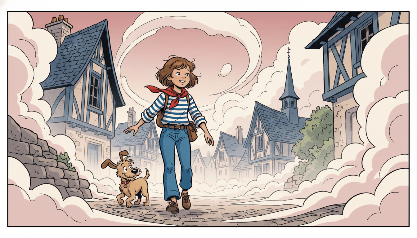 Children picture book illustration in classic Franco-Belgian bande-dessinée style: a brave young French hero girl with a striped Breton shirt and small backpack adventuring through a misty French village with a cartoon dog companion in clean ligne-claire ink lines