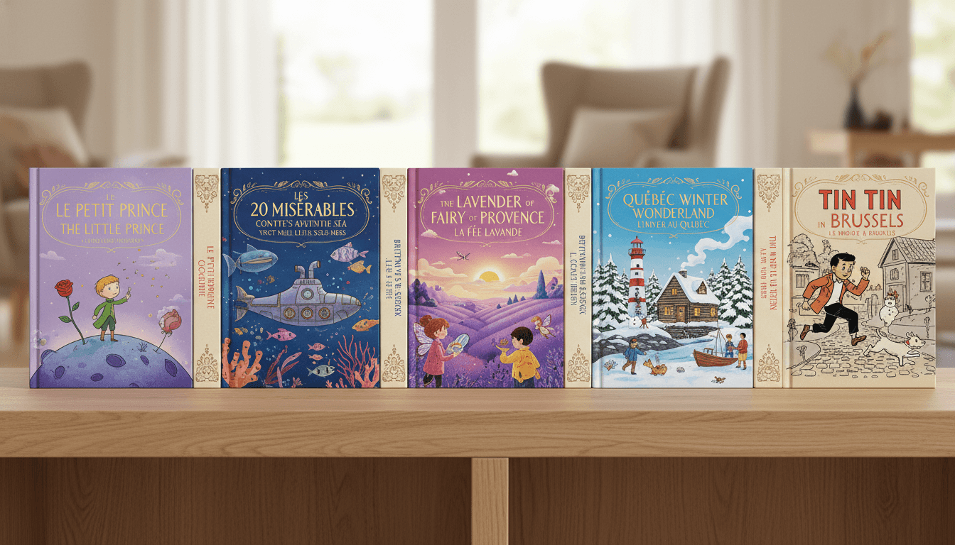 A bookshelf of bright bilingual French-English illustrated picture books each adapted from a different classic French story — Le Petit Prince kid edition, family-safe Cosette from Les Misérables, a Jules Verne underwater adventure, a Provence lavender fairytale, a Brittany seaside story, a Quebec winter cabin tale, a Belgian bande-dessinée