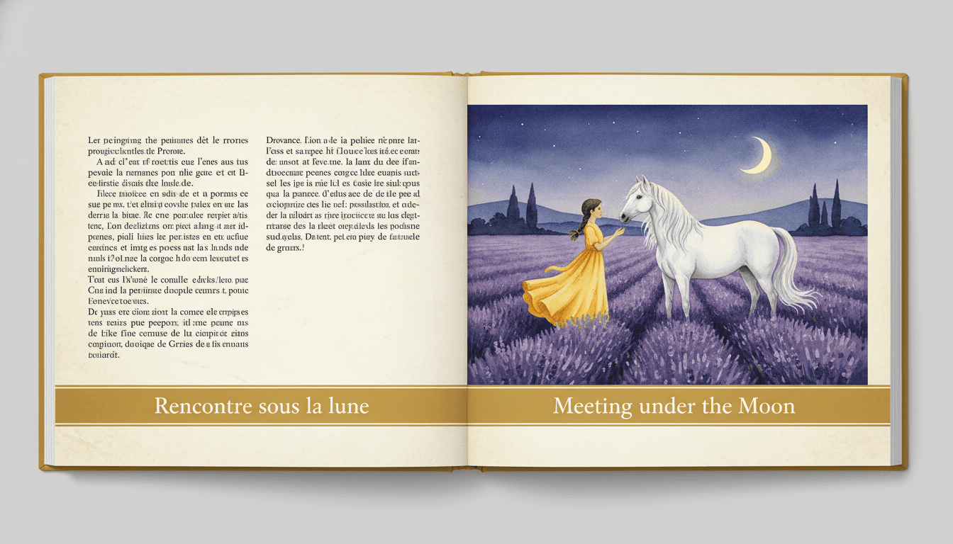 Side-by-side comparison: French prose on the left in elegant Garamond, the same scene rendered as a beautiful picture book page with a young Provençal girl meeting a friendly white horse under a glowing crescent moon, with bilingual French and English text on the right