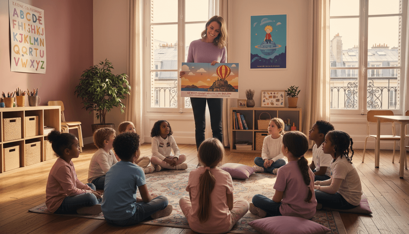 A French-language teacher in a Parisian classroom holding up a printed French-English bilingual picture book to a half-circle of attentive students — the open page shows a hot-air balloon over Mont-Saint-Michel with bilingual text