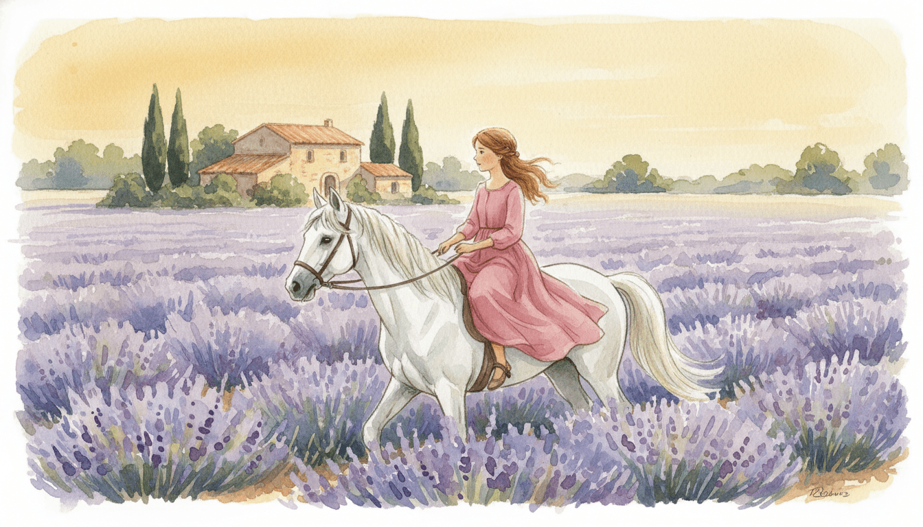 Children picture book illustration in soft French watercolor style: a young French girl in a flowing rose-pink dress riding a white horse through Provence lavender fields under golden hour light