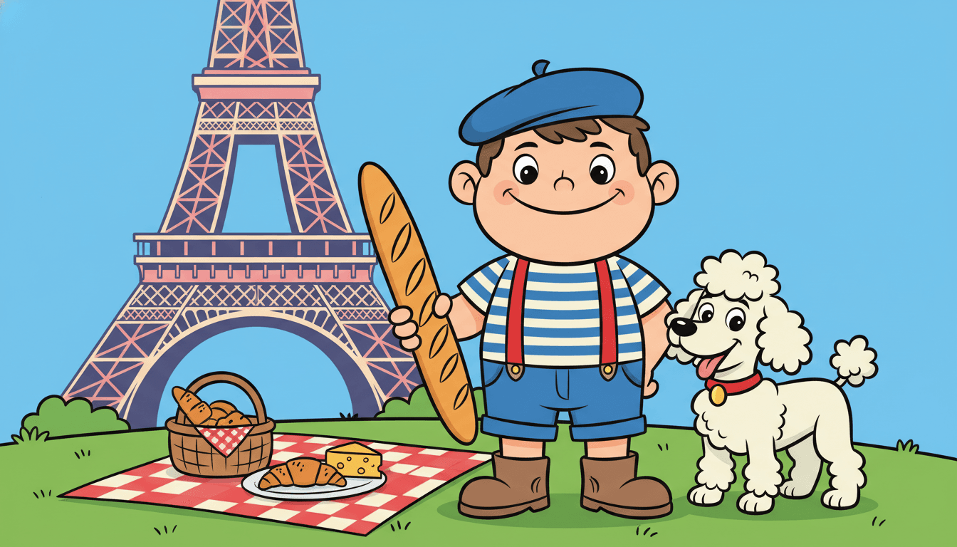 Children picture book illustration in bright cartoon style: a brave round-faced little Parisian hero boy in a wool beret and suspenders with a friendly cartoon poodle and a baguette in front of the Eiffel Tower