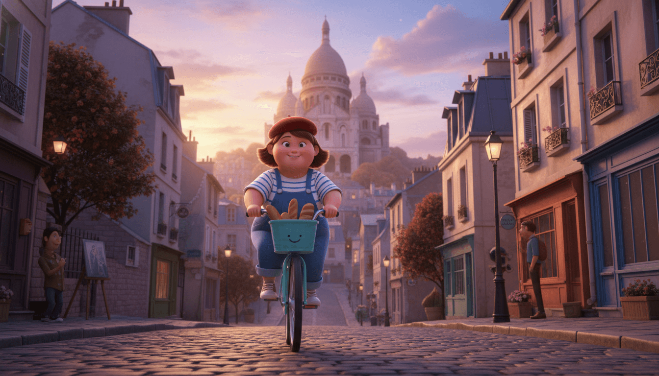 Children picture book illustration in modern Pixar 3D style: a chubby cheerful young French girl in a striped Breton shirt and red beret riding a bicycle through cobblestone Montmartre at golden hour with the Sacré-Cœur