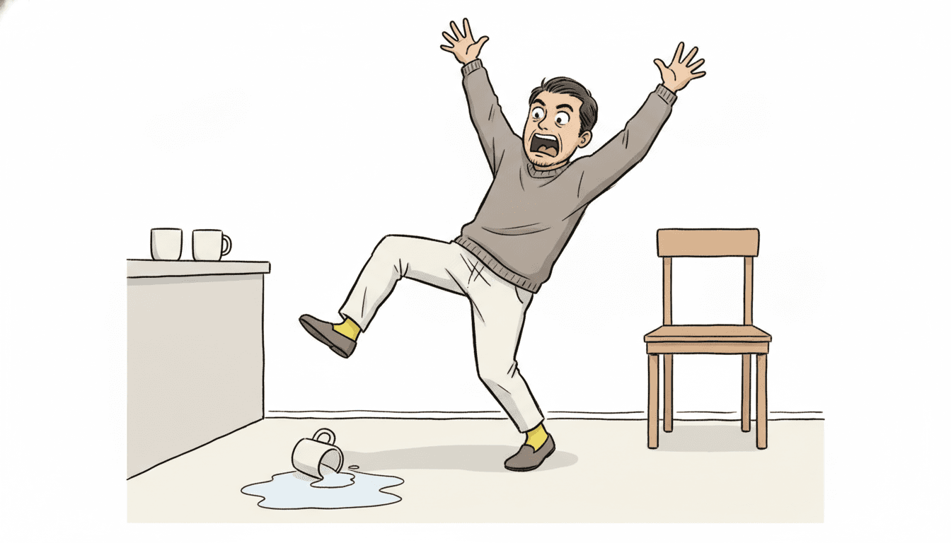 A man of about thirty stands in a plain kitchen caught mid-reaction, leaning back with both arms flung up and his fingers spread, one knee lifted and one foot off the floor, his eyes wide and his mouth open in a shout. He wears a warm grey jumper, off-white trousers and brown slip-on shoes with bright yellow socks showing at both ankles. A tipped matte mug lies on its side on the floor in front of him with a pale spill spreading from it, a plain pale counter at the left carries two upturned mugs, and a wooden chair stands against the plain white wall at the right. Everything is drawn in a rough, quick, uneven line and filled with flat colour