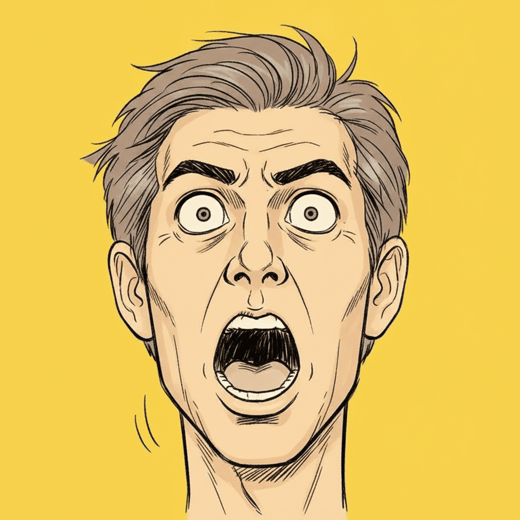 A very close view of one man's face filling the whole square against a flat bold yellow ground with nothing else in it. He is at the peak of a reaction: both eyes stretched round and staring, eyebrows driven up and together, forehead creased, and his mouth wrenched wide open. It is a complete ordinary face with clear skin, a nose, lips, teeth and a chin, and he reads as startled rather than frightened. Every line is rough and quick — the mark wavers, changes thickness and doubles back around the eyes and the jaw — and the face is filled with one flat area of skin colour with no shading, no blush, no modelling and no sparkle in the eye