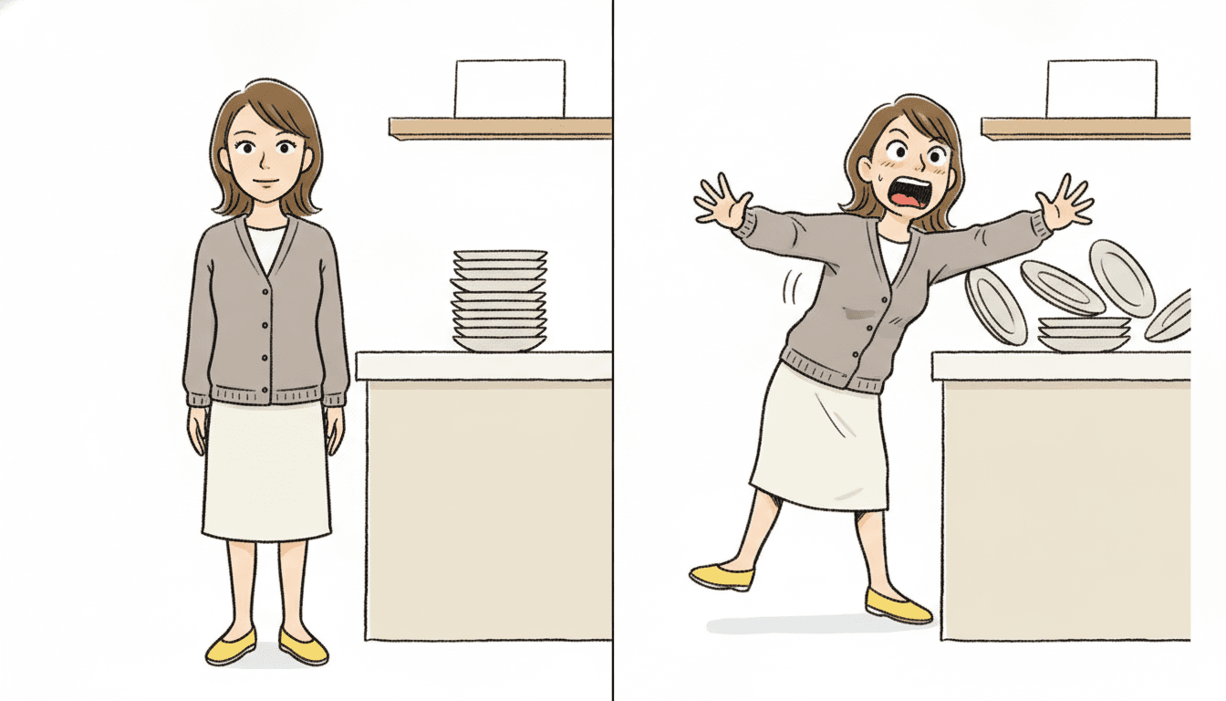 One wide picture divided down the middle by a thin vertical line, showing the same woman in the same kitchen one second apart. In the left half she stands upright and still beside a plain counter in a warm grey cardigan, cream skirt and yellow flat shoes, hands at her sides and her face completely neutral, with a neat stack of plain plates sitting untouched on the counter beside her. In the right half the identical stack has toppled and the plates are tumbling loose across the counter, and the same woman has spun round towards them, back arched, both arms shot out with the fingers spread, one heel off the floor, her eyes huge and her mouth wide open. Her face, clothes and the room are the same in both halves; only the instant has changed