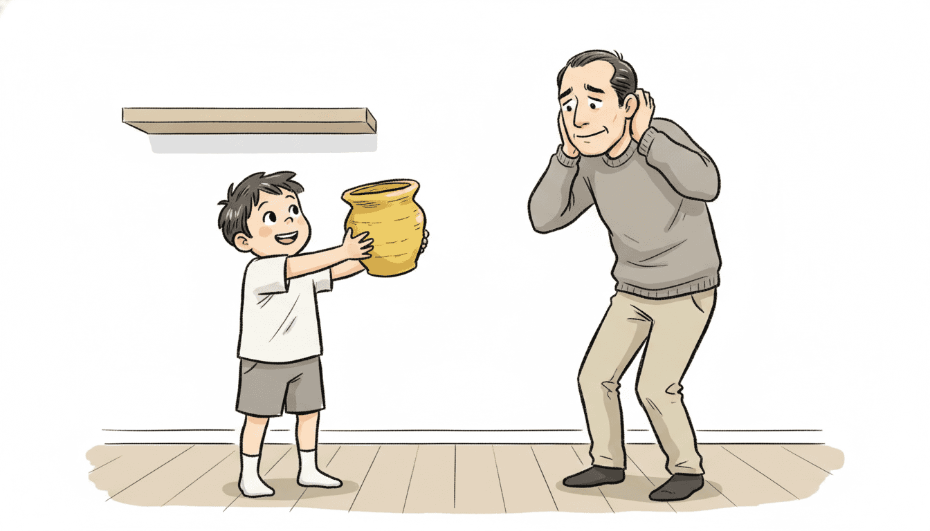 Two people stand in a plain room with a pale wooden floor and a flat white wall. On the left a boy of about seven in a white t-shirt and grey shorts holds a large lumpy yellow clay pot out in both hands, beaming up at the grown-up. On the right a man of about forty-five in a warm grey jumper and pale trousers has pulled back from it: his shoulders are hunched right up, both hands are raised beside his ears, his eyebrows are pushed high and his mouth is set in a tight strained smile that is plainly not a real one. Their face shapes and builds are clearly different. A plain shelf hangs on the wall behind them and everything is drawn in the same rough, uneven line