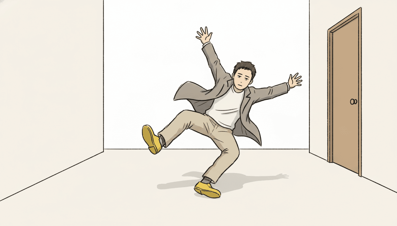 A young man is caught at the instant of slipping in a plain empty corridor: both feet have shot forward off the ground, his body is tipped back at a steep angle, one arm windmills up over his head and the other is flung out sideways with the fingers spread, and his open grey coat flaps out behind him. His face, by contrast, is completely flat — level eyes, unmoved eyebrows, mouth a straight line, as though nothing is happening at all. He wears a cream top, pale trousers and bright yellow shoes. The corridor is plain off-white with a wooden door at the right, and the whole drawing is made of rough, quick, wavering lines over flat colour