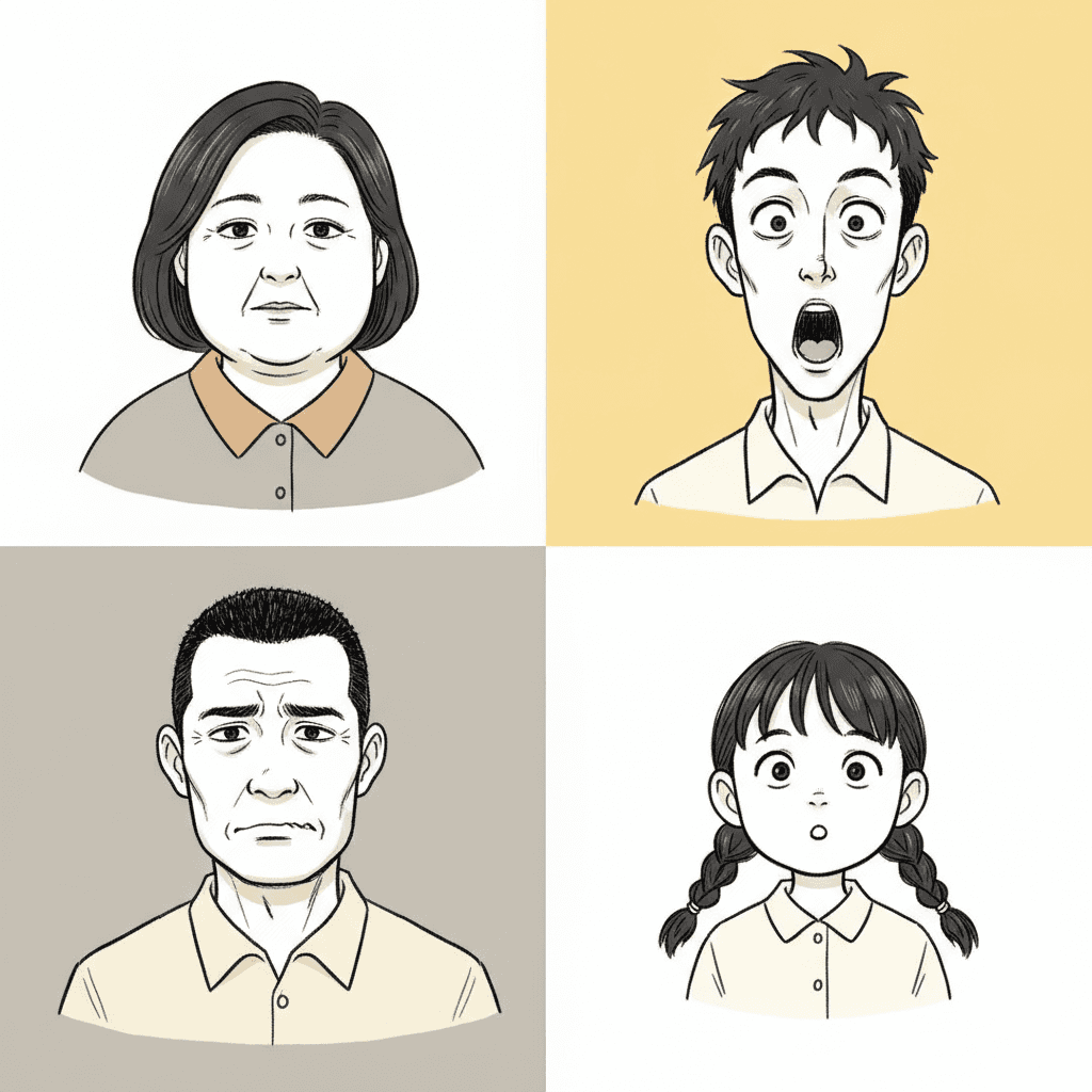 A square divided into four equal quarters, each a flat colour carrying the head and shoulders of a different person caught in a different reaction. On white, a round-faced woman of about fifty with a short dark bob and full cheeks, in a grey collared shirt, with an utterly blank level-eyed expression and her mouth a straight line. On bold yellow, a thin young man with a long narrow face and spiky hair, in a cream collar, eyes stretched wide and mouth wrenched open. On warm grey, a square-jawed older man with cropped hair, in a pale yellow collar, mouth pulled sideways into a strained wincing line with his eyebrows pushed together. On white, a small girl with a fringe and two plaits, in a cream collar, eyebrows shot up and her mouth a small round O. The four face shapes, head sizes and ages are plainly different, and no face carries any shading