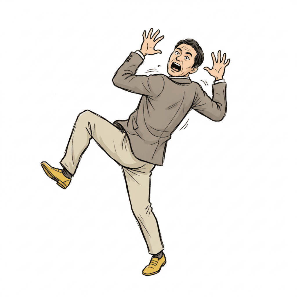 One man of about thirty-five drawn whole from head to feet against a completely plain white ground with no room, no floor and no furniture around him, caught in an enormous reaction. His torso is twisted hard to one side, his back arched, one knee kicked up high, both elbows bent with the hands raised and the fingers splayed, his mouth wide open and his eyes popping. He wears a warm grey jacket over a white collar, pale trousers and bright yellow shoes. The whole figure is carried by the shape of its outline — the flung arms, the twisted shoulders, the bent knee and the spread hands all read as a flat silhouette — while the inside of the figure is left almost plain, with only a few quick lines for folds and no shading or texture anywhere