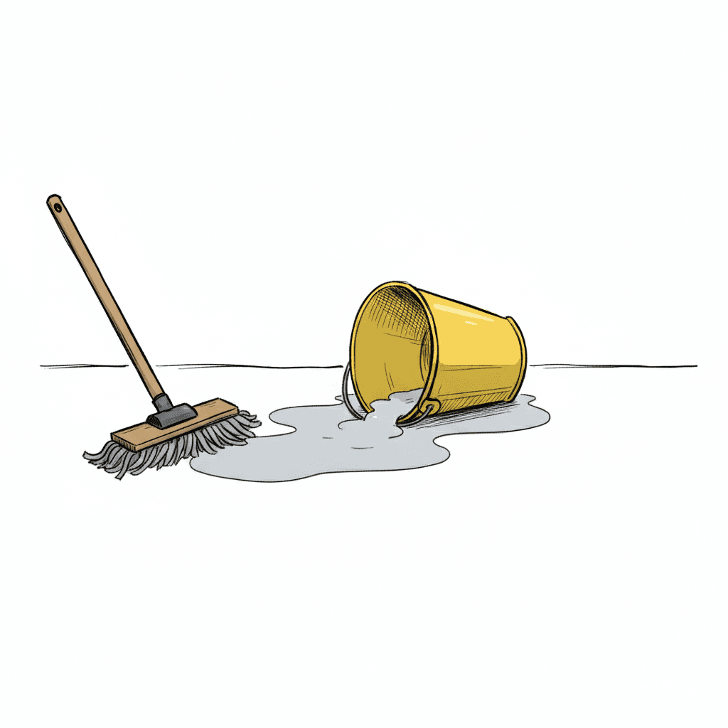 A bright yellow metal bucket lies tipped on its side in the middle of a flat white ground, with a pale grey puddle spreading out from its mouth and a wooden mop fallen beside it, its head splayed out on the floor. There are no people and no other objects in the picture at all. One thin horizontal line behind them is the only indication of where the floor meets the wall. Everything is drawn in the same rough, quick, uneven hand-drawn line and filled with flat colour, with no wood grain, no hatching and no shading, and nothing in the picture casts a shadow