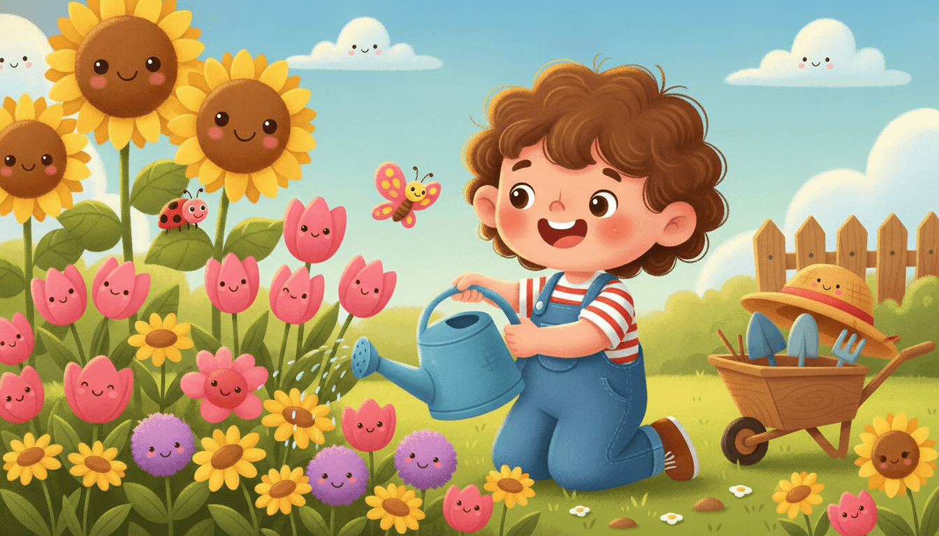 A happy little gardener planting seeds and watering a colorful flowerbed of sunflowers and tulips with a friendly butterfly and ladybug nearby on a sunny day in an AI-generated garden story