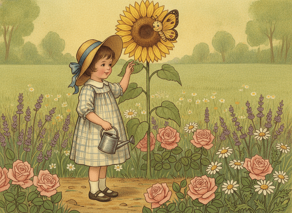 Classic storybook style illustration of a sweet child in a sun hat with a watering can beside a tall sunflower and a gentle butterfly in a blooming garden