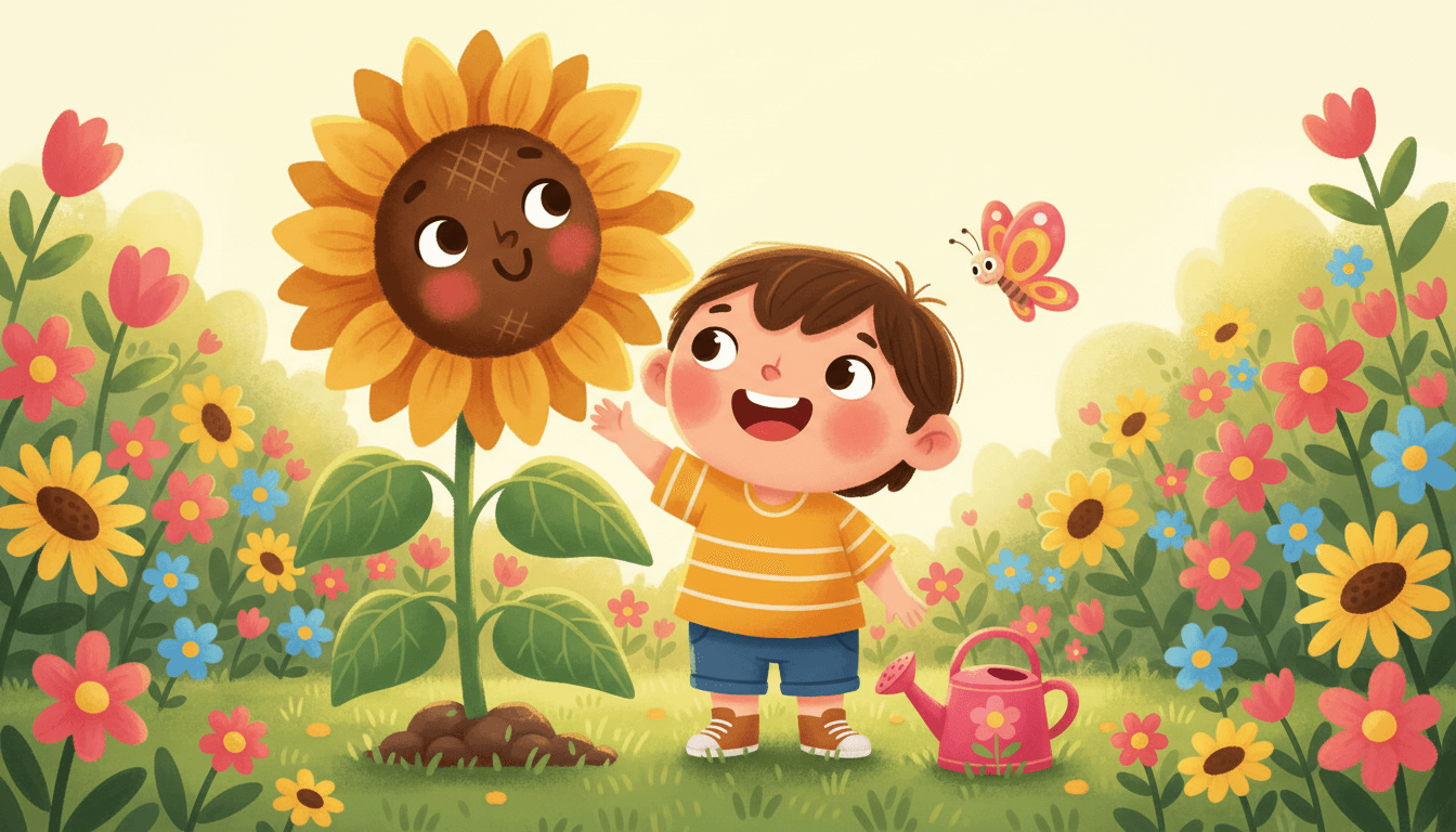 A proud little gardener looking up in wonder at a giant sunflower that has grown taller than they are, surrounded by a colorful flowerbed and a friendly butterfly