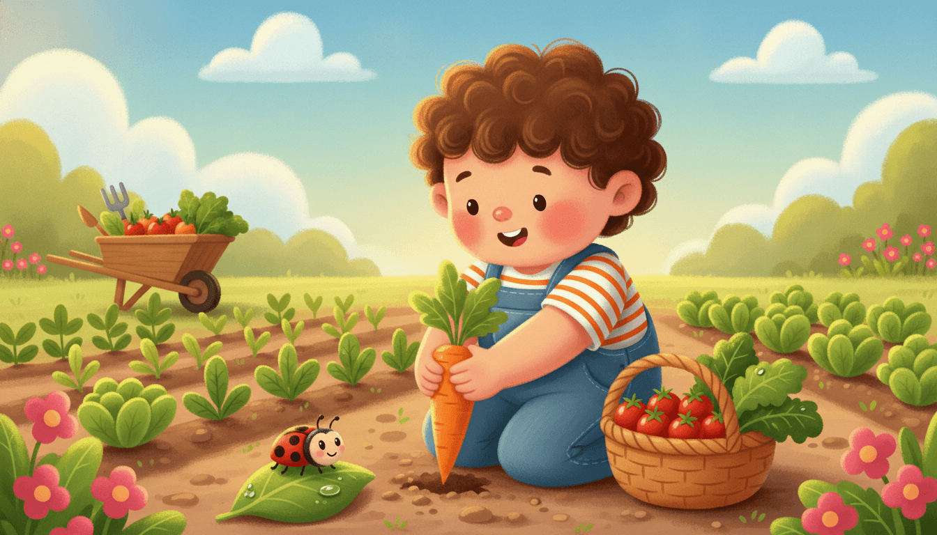 A happy child harvesting from a backyard vegetable patch, gently pulling up a bright orange carrot with a basket of ripe tomatoes and a friendly ladybug nearby