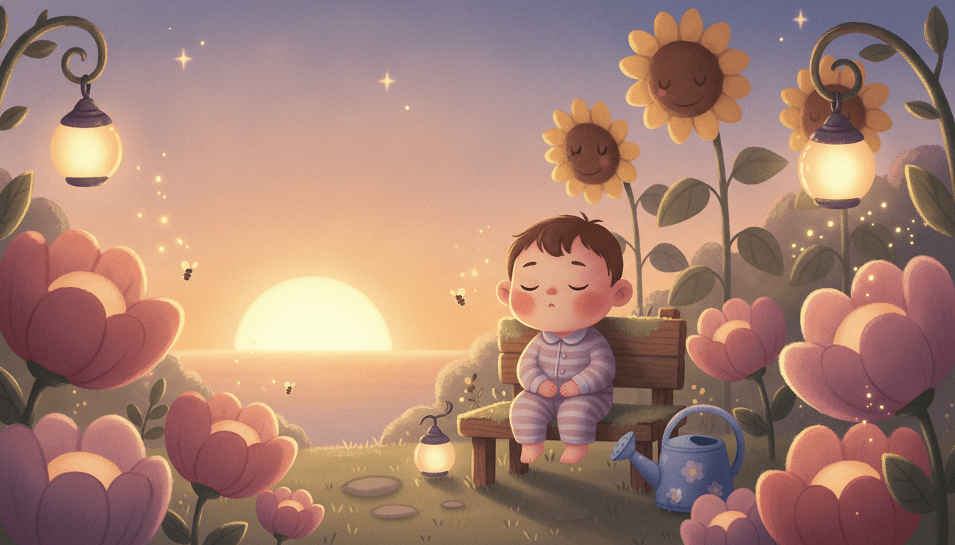 A sleepy child sitting on a tiny bench among glowing flowers as the golden sun sets and the first fireflies twinkle in a peaceful blooming garden at bedtime