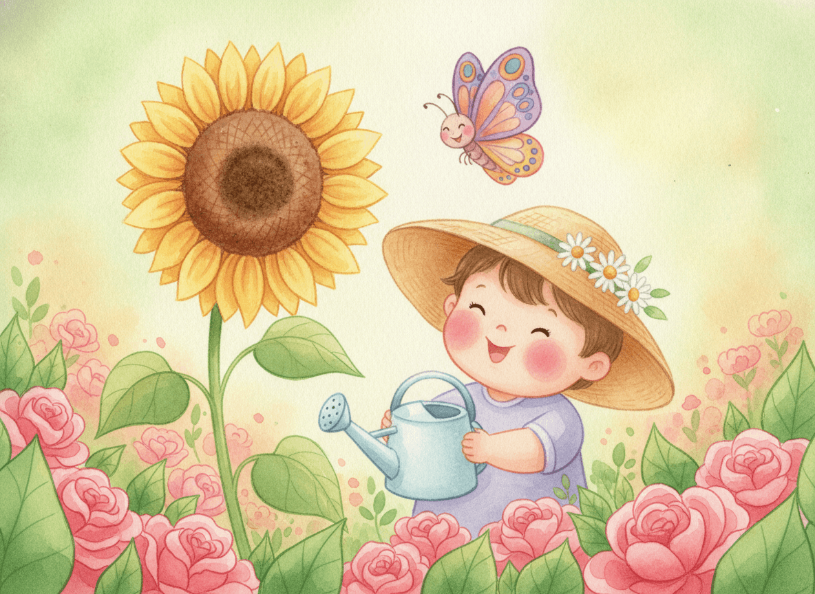 Watercolor style garden story illustration of a happy child in a sun hat holding a watering can beside a tall sunflower and a cheerful butterfly