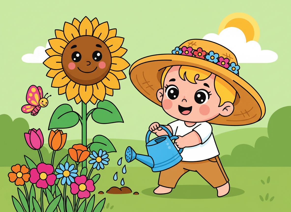Cartoon style garden story illustration of a happy child in a sun hat with a watering can beside a tall sunflower and a smiling butterfly
