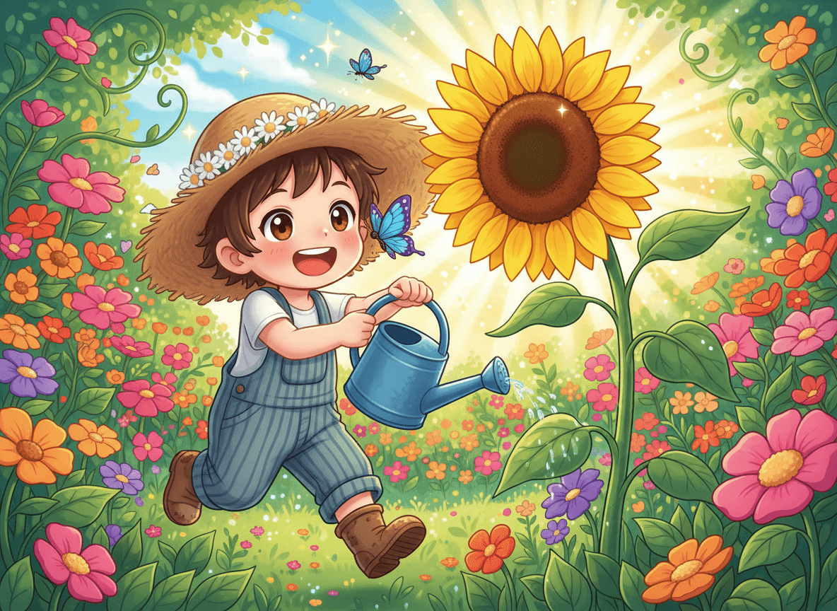 Anime style garden story illustration of a cute child in a sun hat with a watering can beside a tall sunflower and a friendly butterfly with sparkles