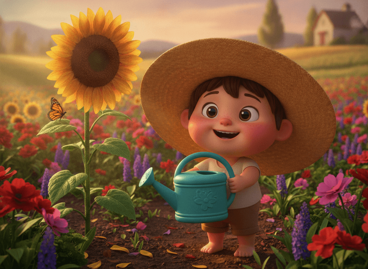 Cinematic 3D style garden story illustration of an adorable child in a sun hat with a watering can beside a tall sunflower and a cute butterfly at golden hour