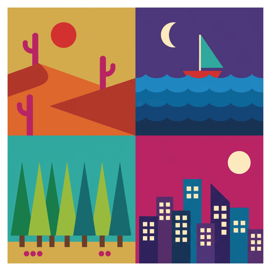 A square of four flat geometric landscapes — a desert of orange and rust dune shapes under a mustard sky with a red circle sun and three magenta cacti, a night sea of cobalt and indigo wave bands with a turquoise triangle sail on a red hull under a cream crescent moon, a forest of green, lime and teal triangle trees on brown trunks against a turquoise sky, and a night city of violet and blue rectangle towers punched with cream square windows under a cream circle moon in a magenta sky