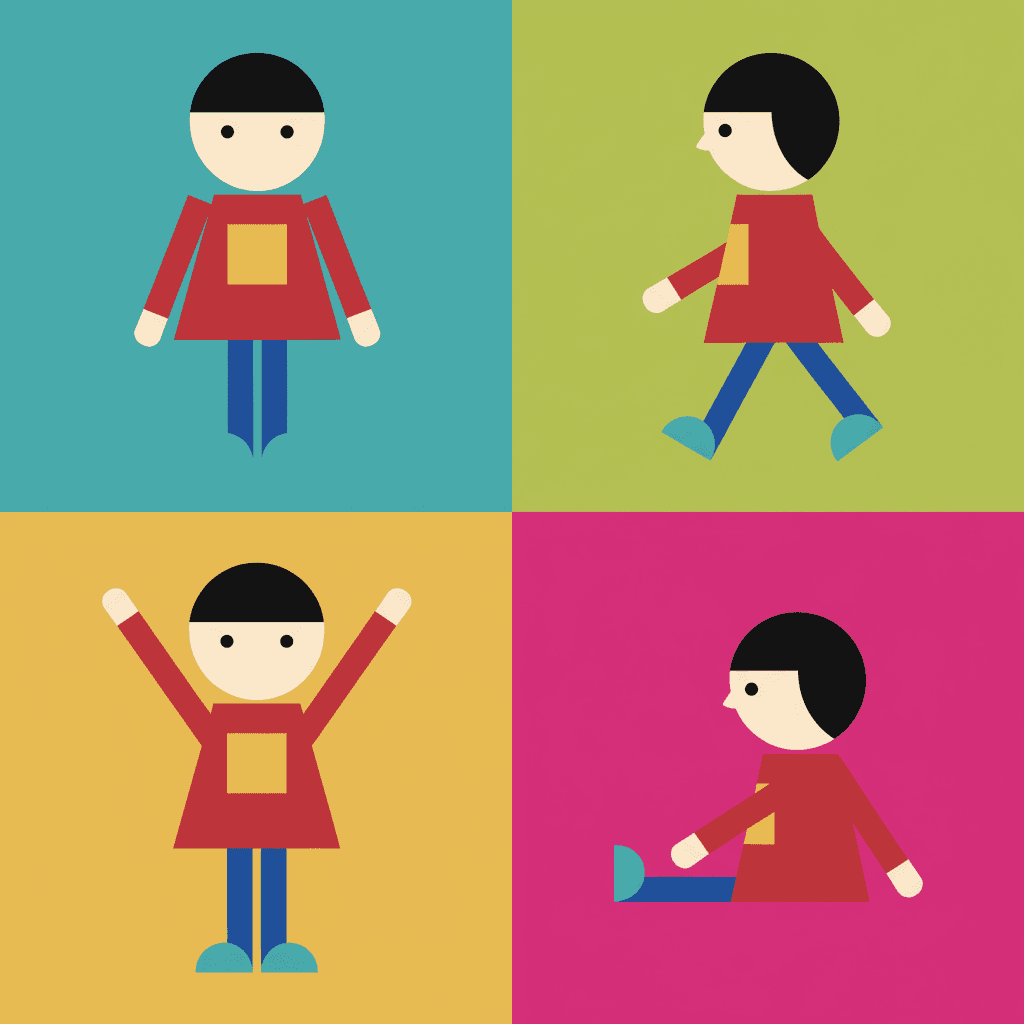 A square four-quarter model sheet on flat teal, lime, mustard and magenta grounds, showing the same geometric child standing square on, walking in profile, reaching both arms overhead and sitting down — with the identical cream circle head, black half-circle hair, two dot eyes, red trapezoid body, mustard square patch and cobalt rectangle legs in all four quarters
