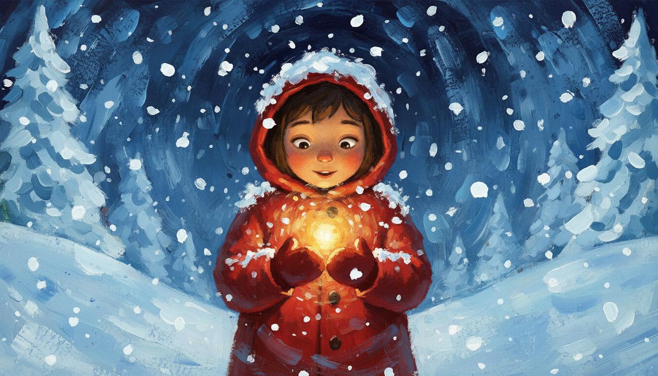 Gouache illustration of a child in a red coat cupping a small glowing light while snow falls at night, the snow and glow painted as thick opaque paint over a deep blue sky