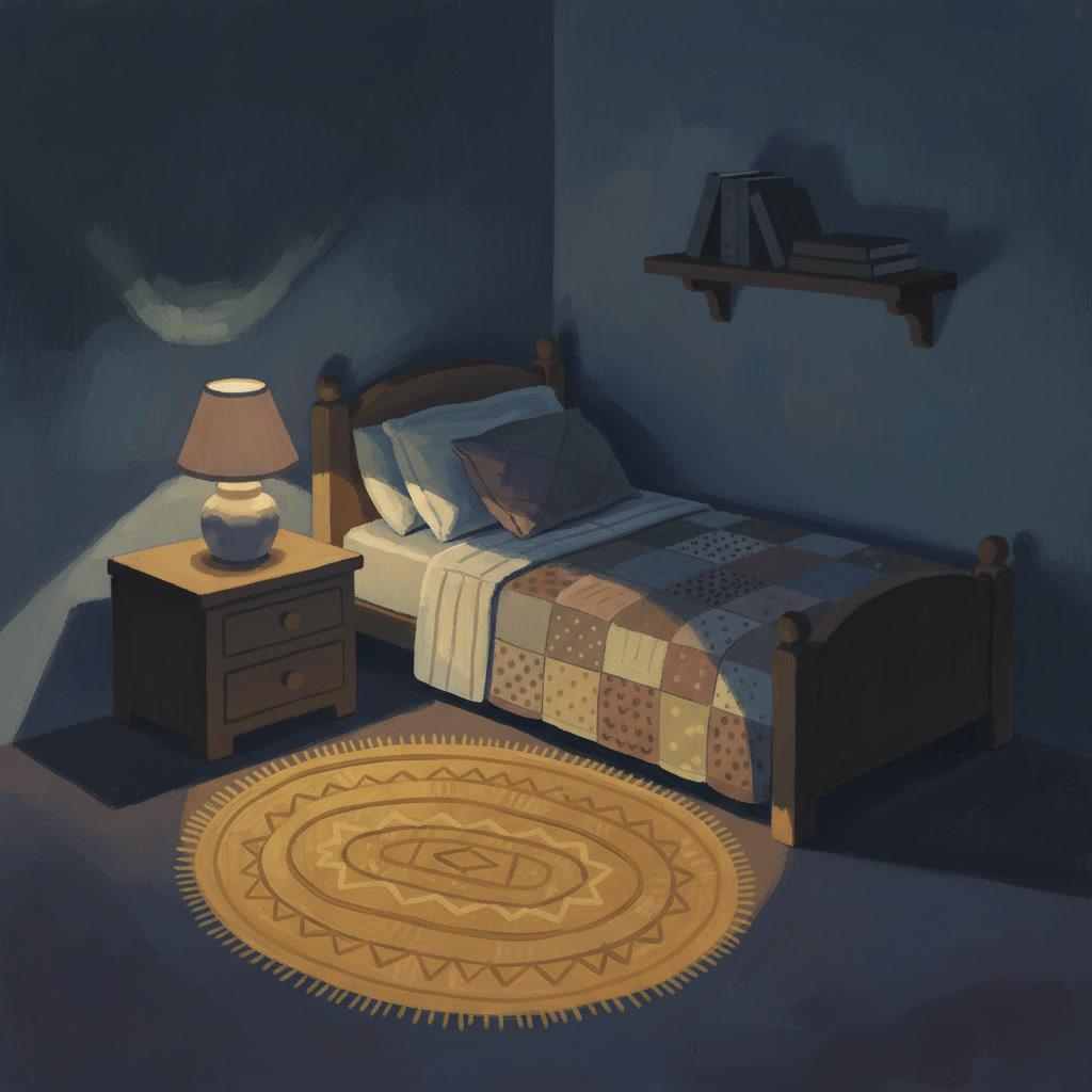 Square gouache illustration of a lamp-lit bedroom corner at night, the pool of warm lamplight painted as opaque amber over the darker blues of the room