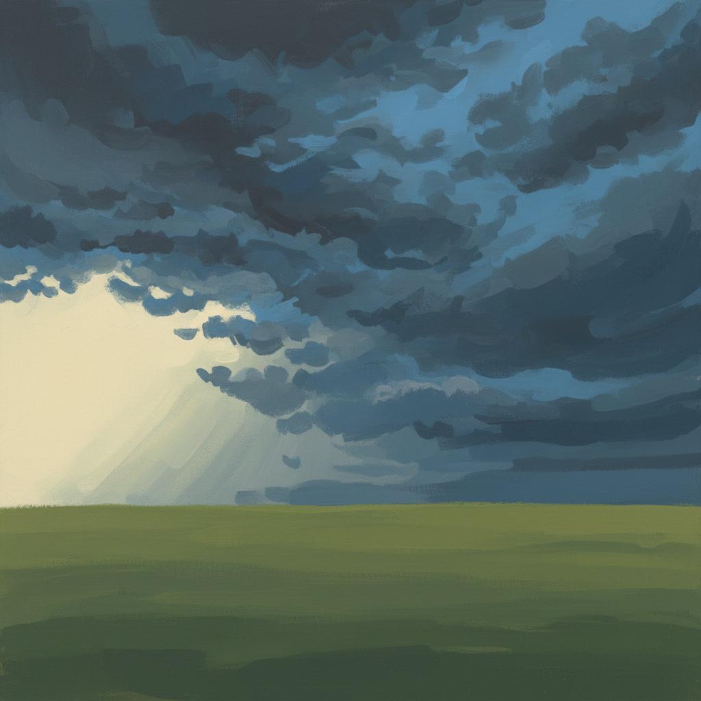 Square gouache illustration of a stormy sky over a flat green field, broad opaque matte strokes with a bright break of pale light pushed over the dark clouds
